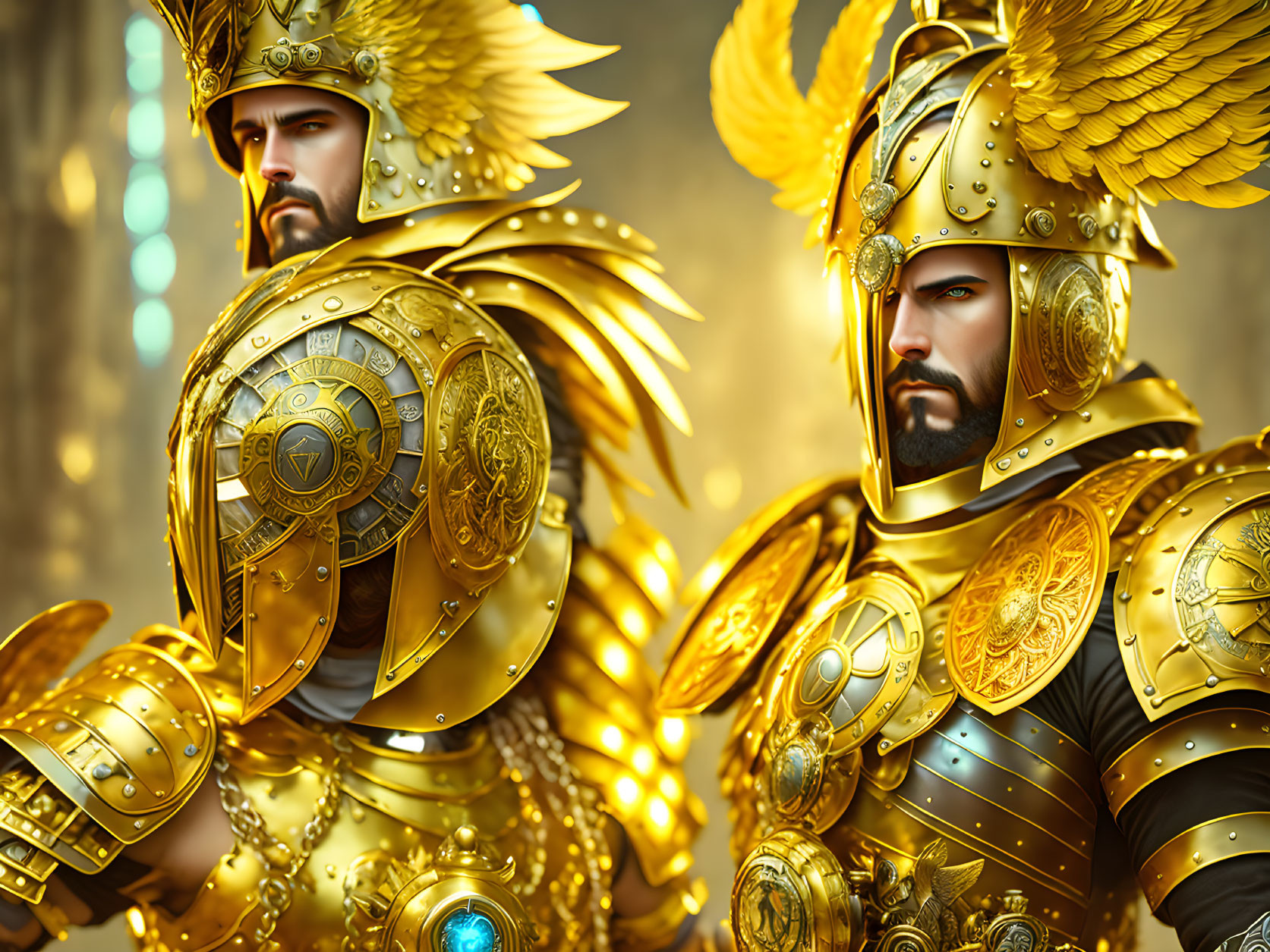 Golden armored warriors with winged helmets in a noble stance.