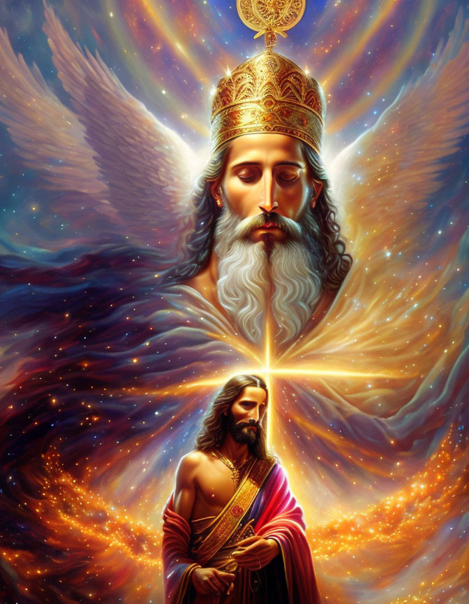 Regal figure with glowing crown and cosmic backdrop beside serene man in robes