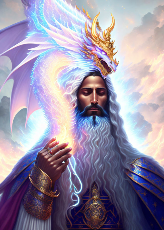 Man with long white hair and beard in regal blue robes holding flame, with spectral dragon.