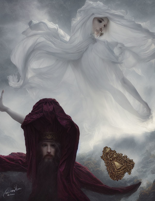 Bearded man in purple robe gazes at ghostly figure in white against stormy sky