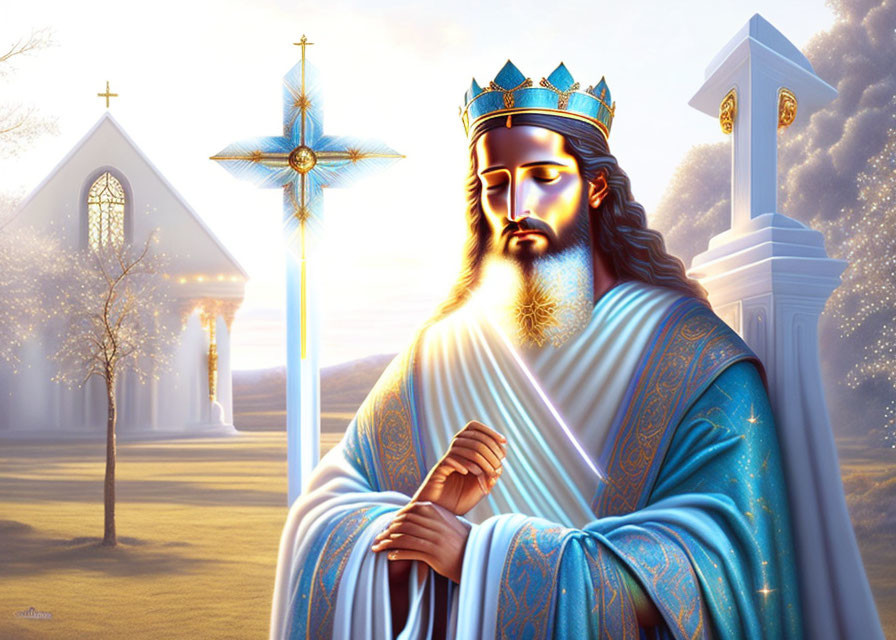 Regal figure resembling Jesus near cross and church in heavenly landscape