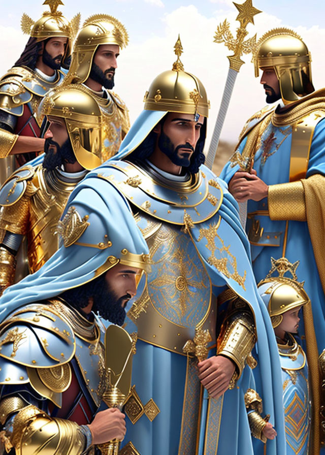 Illustrated warriors in golden armor with blue cloaks