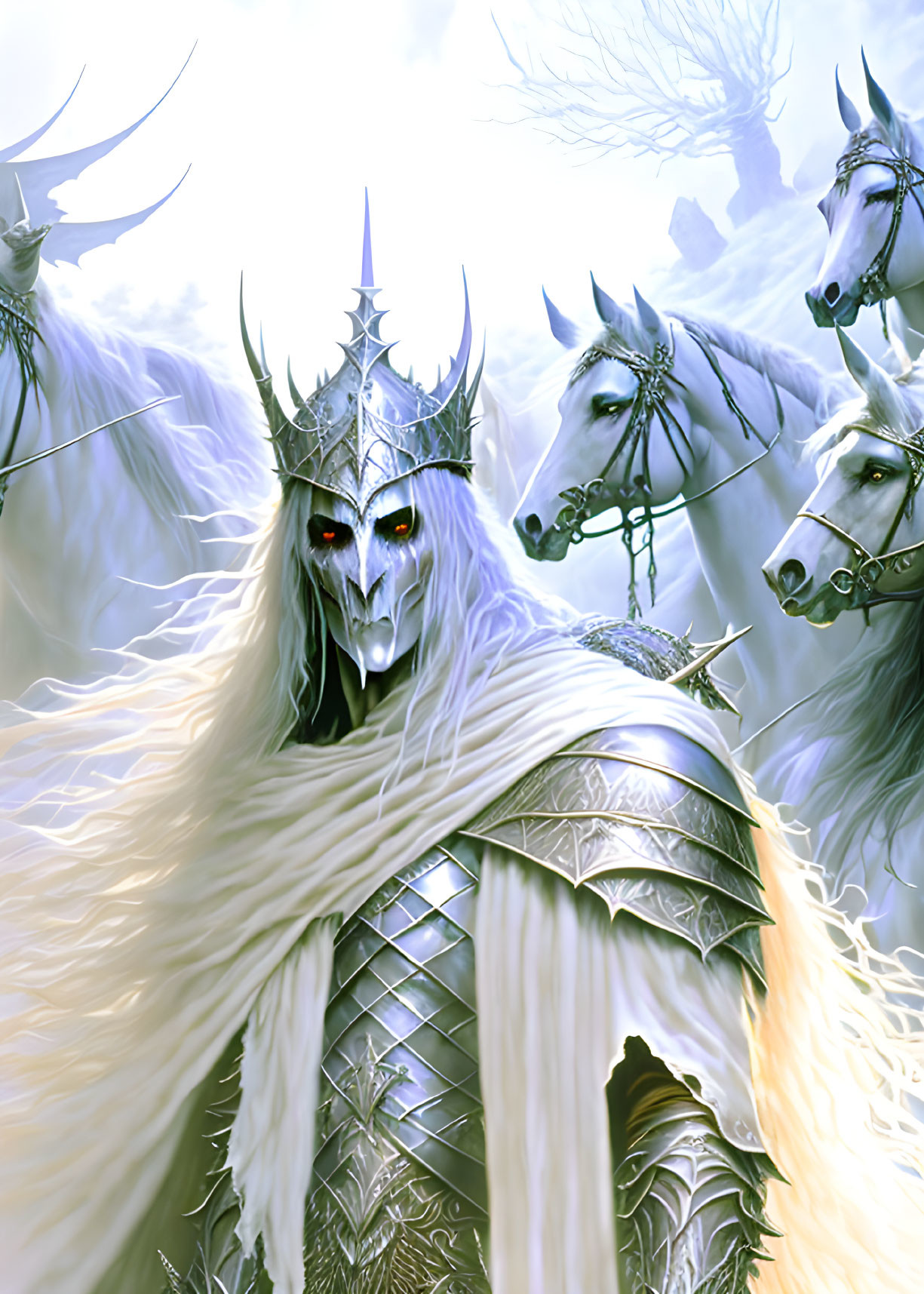 Spectral figure in silver armor with crown and red eyes, leading ghostly horses under misty sky