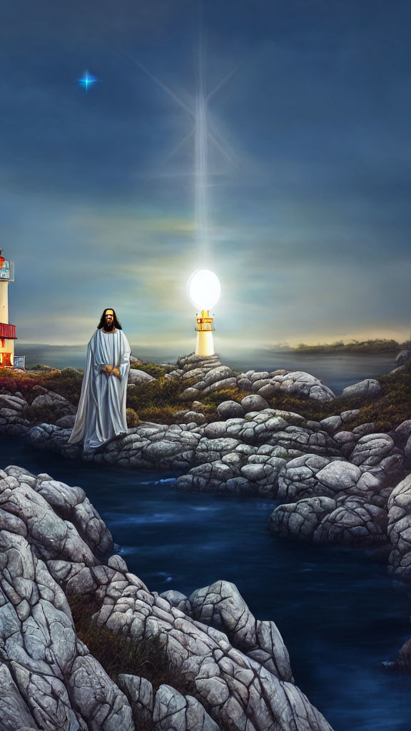 Person in white robe on rocky coast with illuminated lighthouse at twilight.