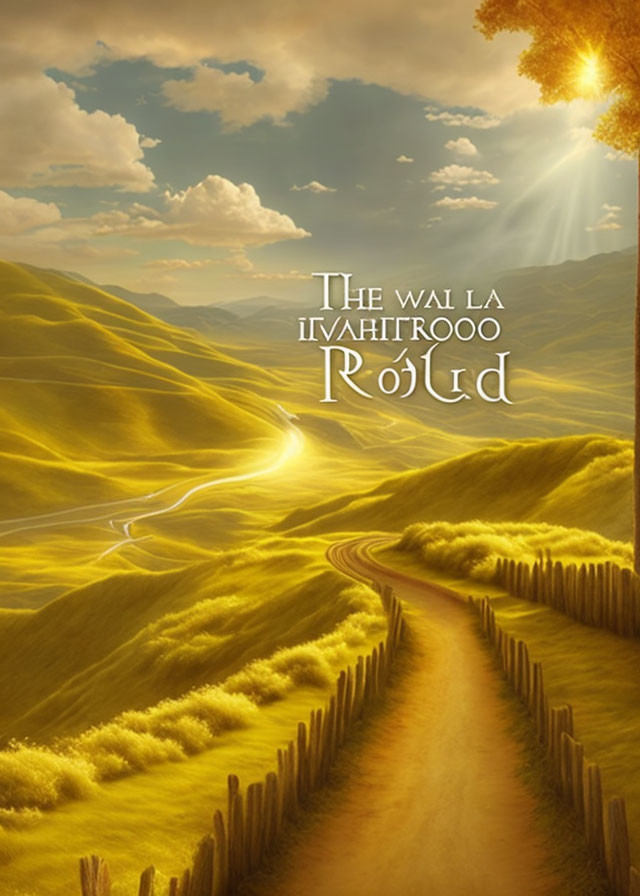 Scenic winding road through golden hills under bright sun with artistic text overlay