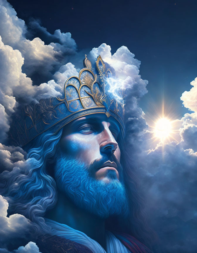 Regal king with golden crown and mystical blue beard in cloudy sunlit scene