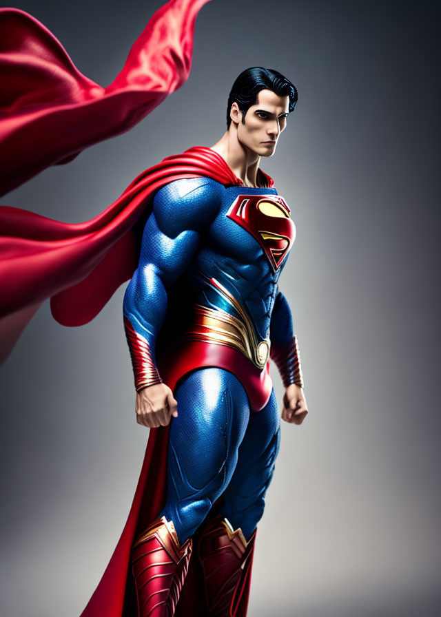 Superman statue with red cape and 'S' symbol in red-and-blue suit