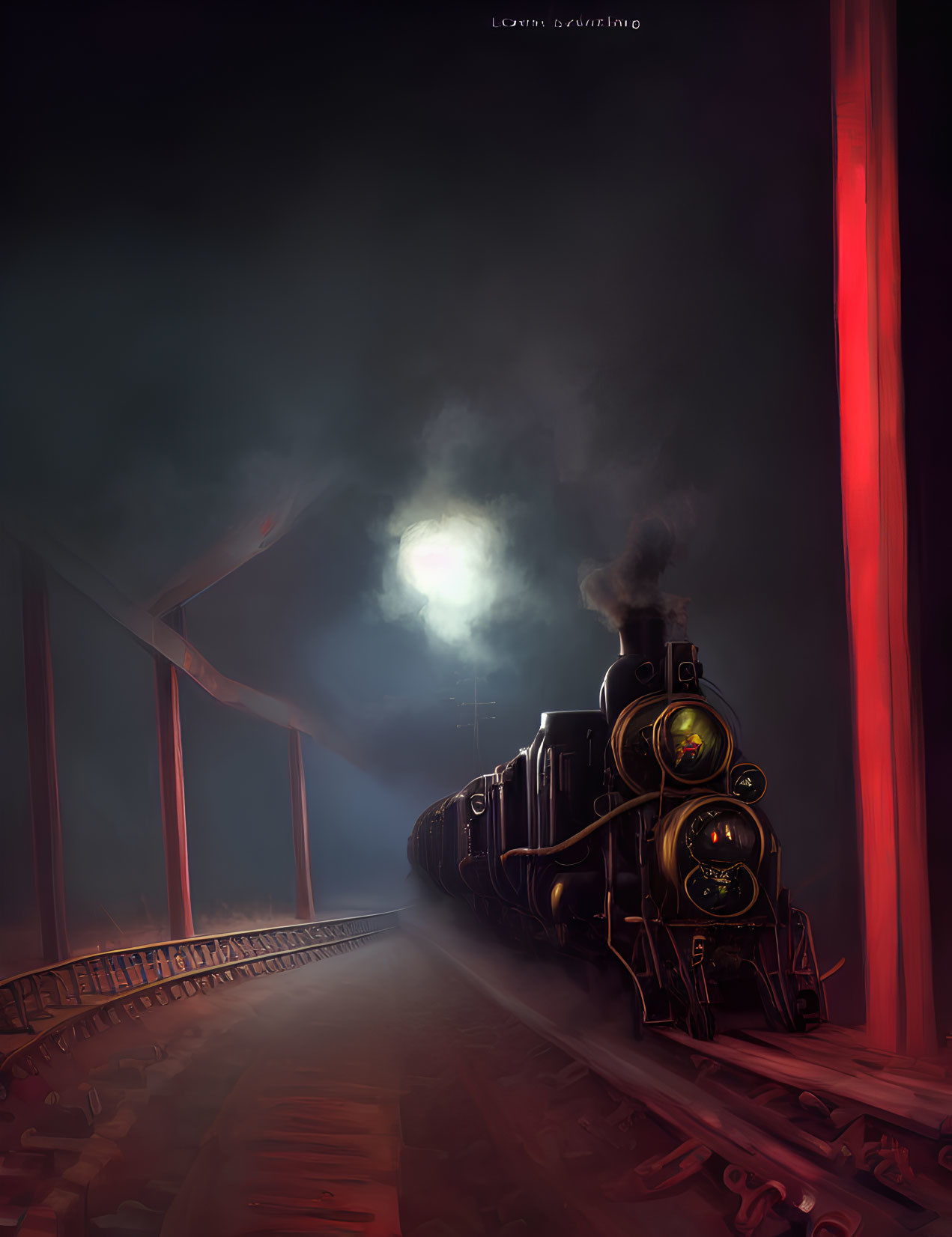 Vintage steam locomotive under full moon with red light - dramatic night scene