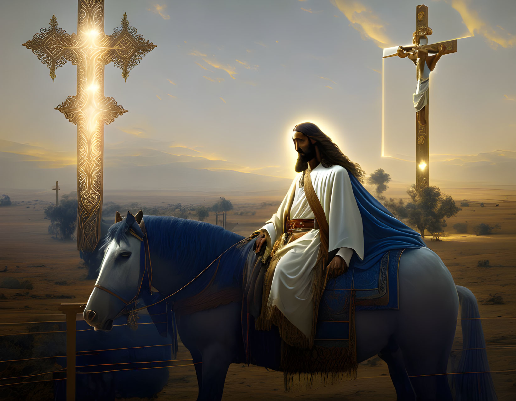 Historically dressed man on horse near glowing crosses at dusk