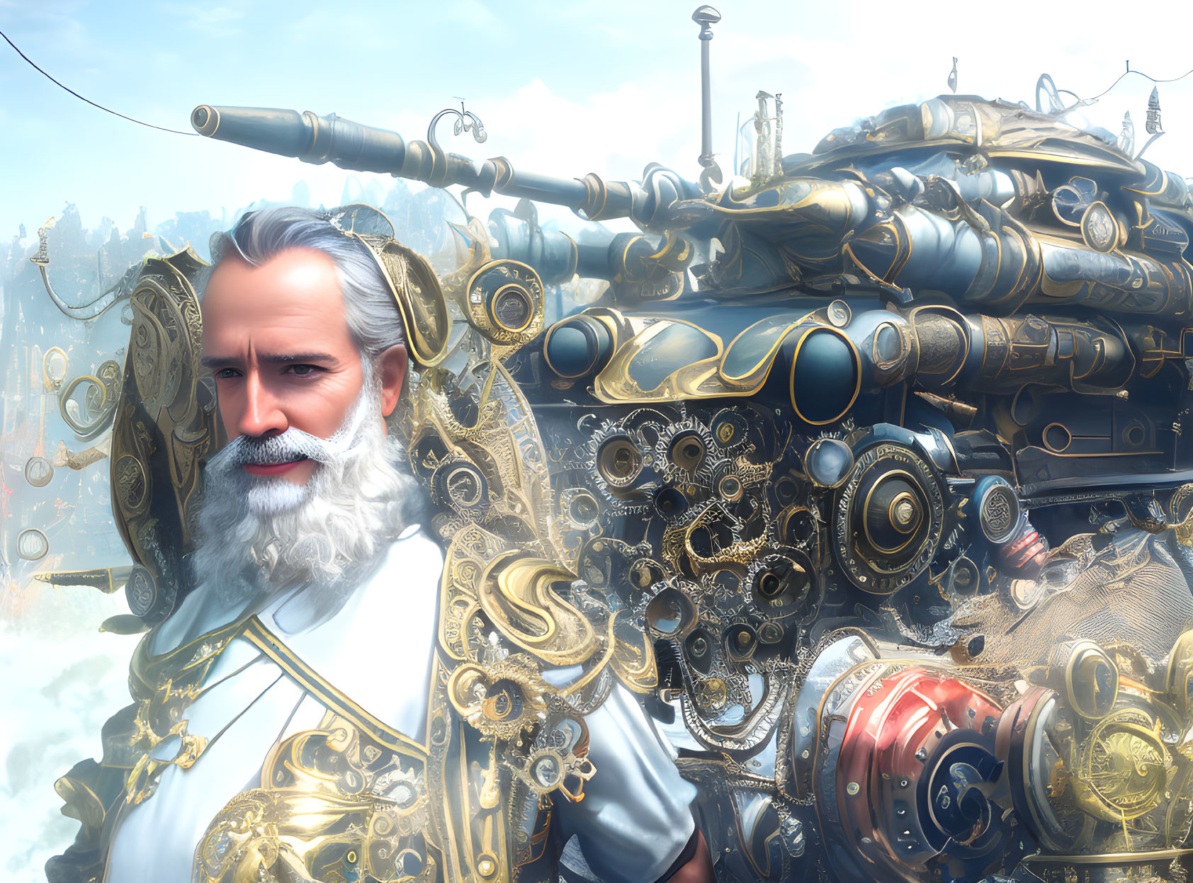 White-haired man in steampunk setting with brass gears and pipes