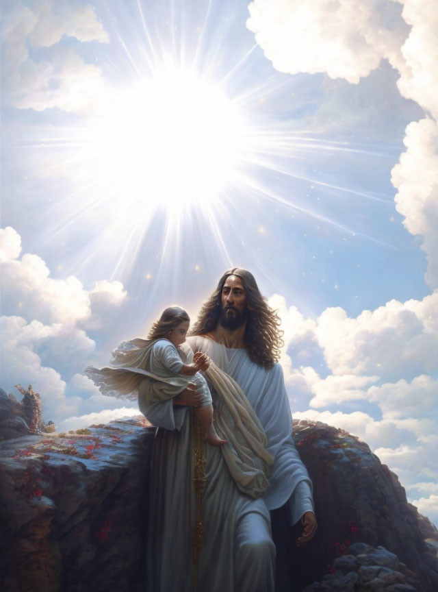 Religious painting of Jesus comforting child in heavenly setting