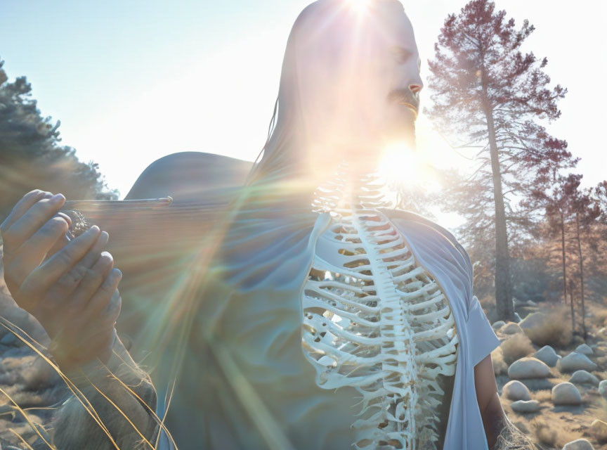 Transparent Human Skeleton Overlay on Person in Sunny Forest