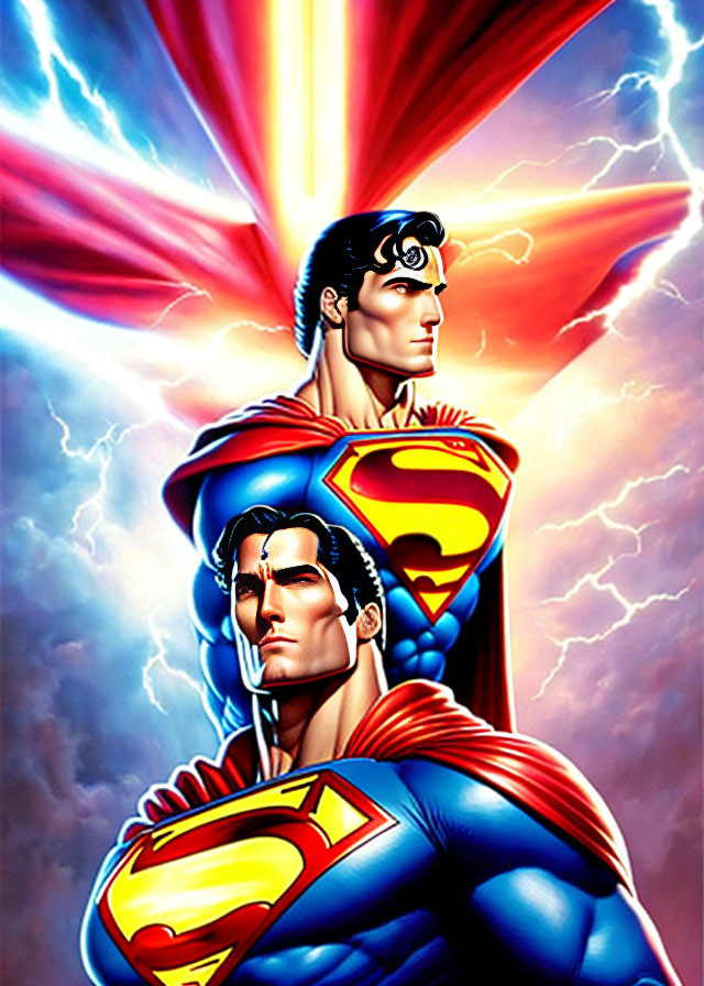 Superman illustration: bold stance, flowing cape, heroic expression, dramatic lightning, radiant sky