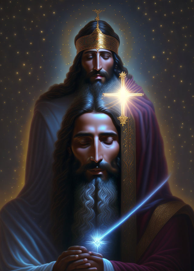 Majestic artwork of two bearded figures in regal attire with radiant cross