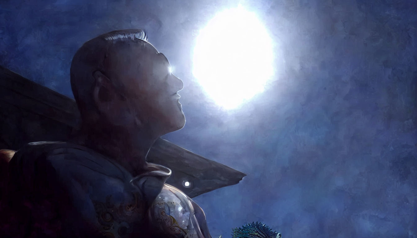 Digital painting of bald figure in armor under large moon