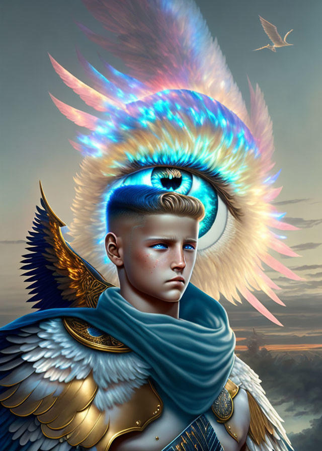 Young male figure with angelic wings and halo in surreal dusk sky illustration