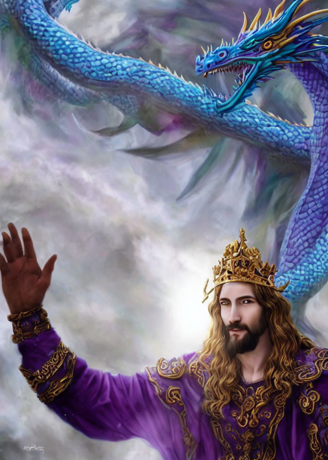 Majestic man in purple robe with golden crown and blue dragon in swirling clouds