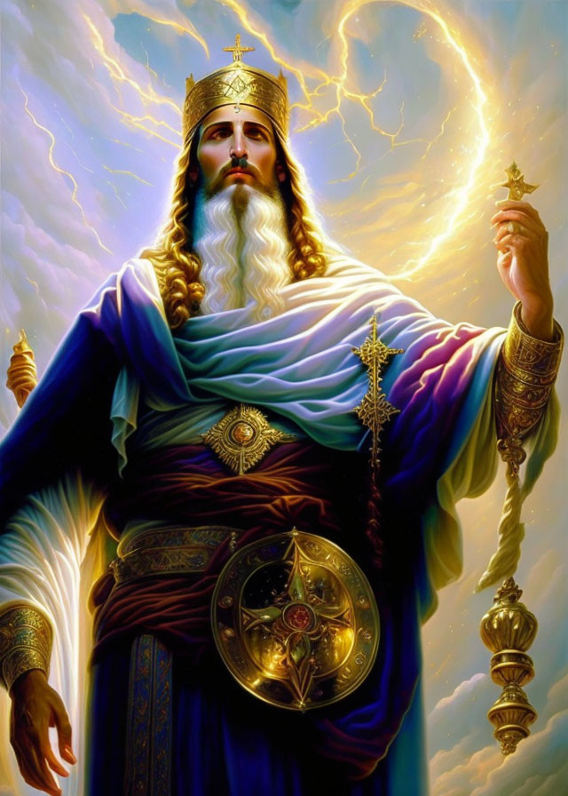 Regal figure in royal robes with crown and scepter under lightning-filled sky