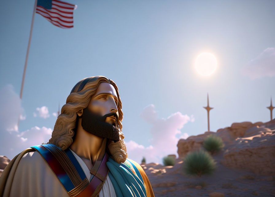 3D rendering of Jesus Christ with sunlight, American flag, and wind turbines