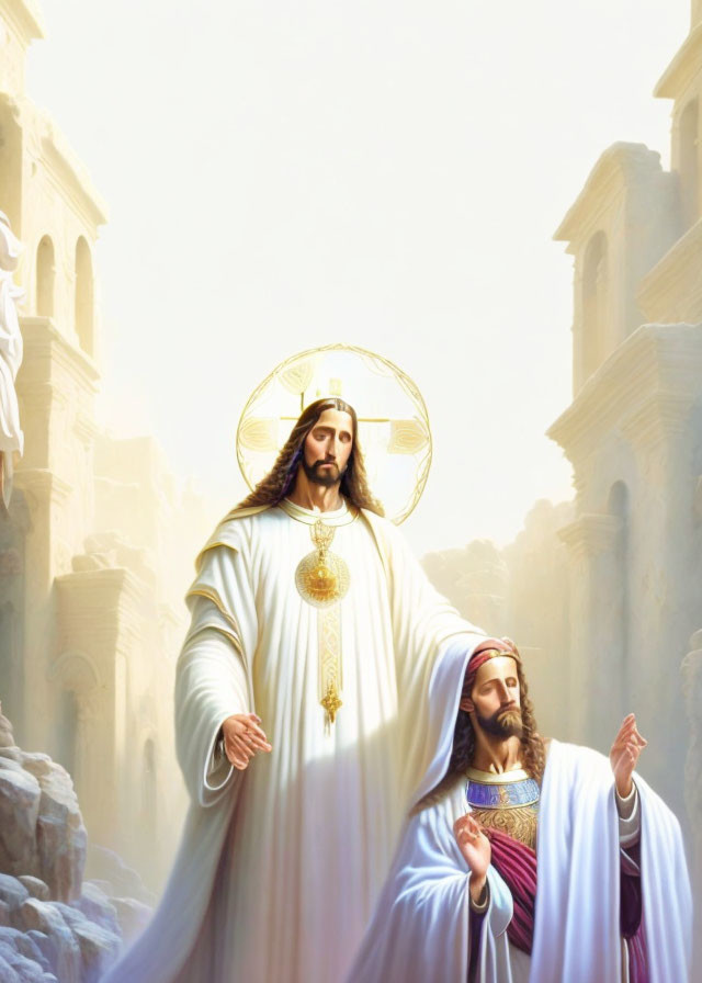 Religious painting of Jesus Christ and biblical figure in heavenly setting