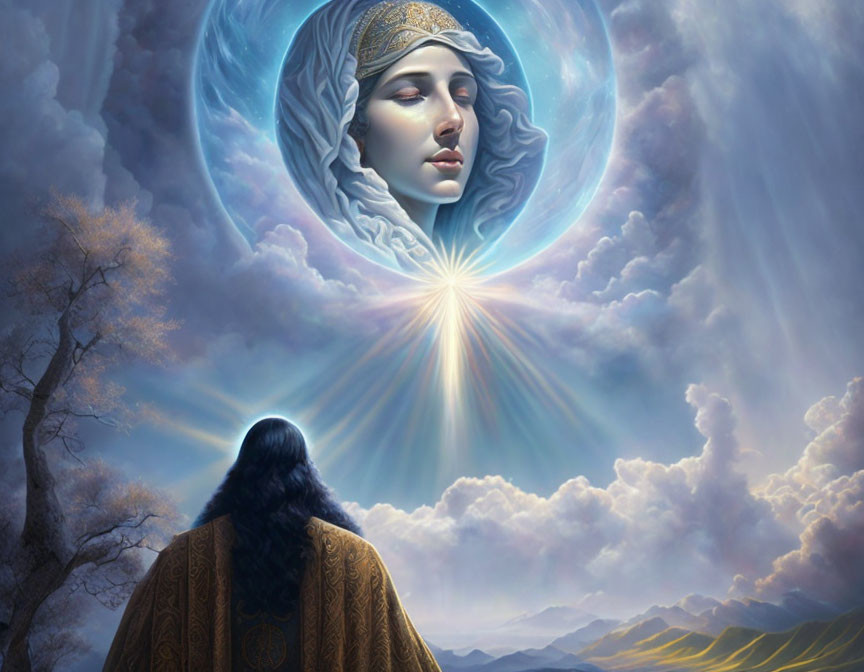 Cloaked Figure gazes at Ethereal Woman in Celestial Frame over Mountain Landscape