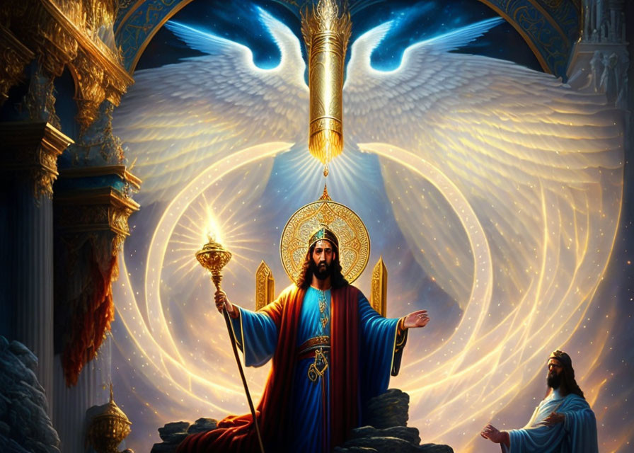 Majestic figure in blue and red robes on throne with halo and phoenix in golden background