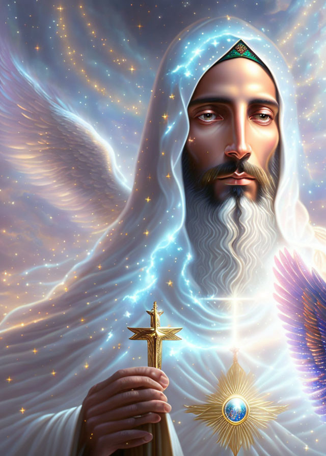 Celestial-themed illustration of a bearded figure with a halo and cross