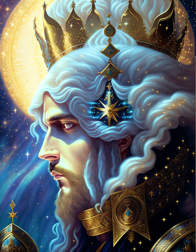 Regal figure with star-studded blue beard and hair in cosmic setting