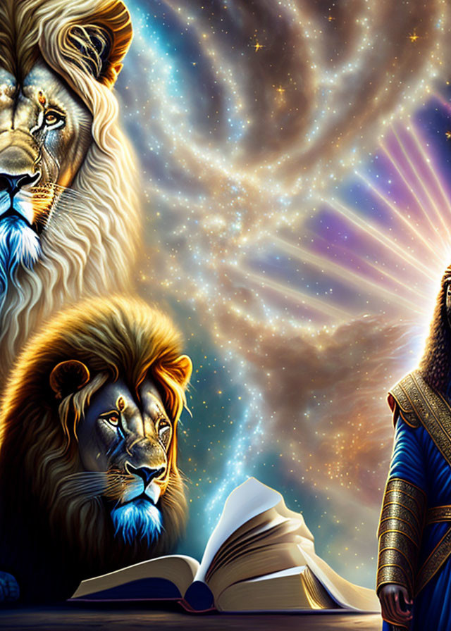 Majestic lion and lion-headed king with open book on cosmic background