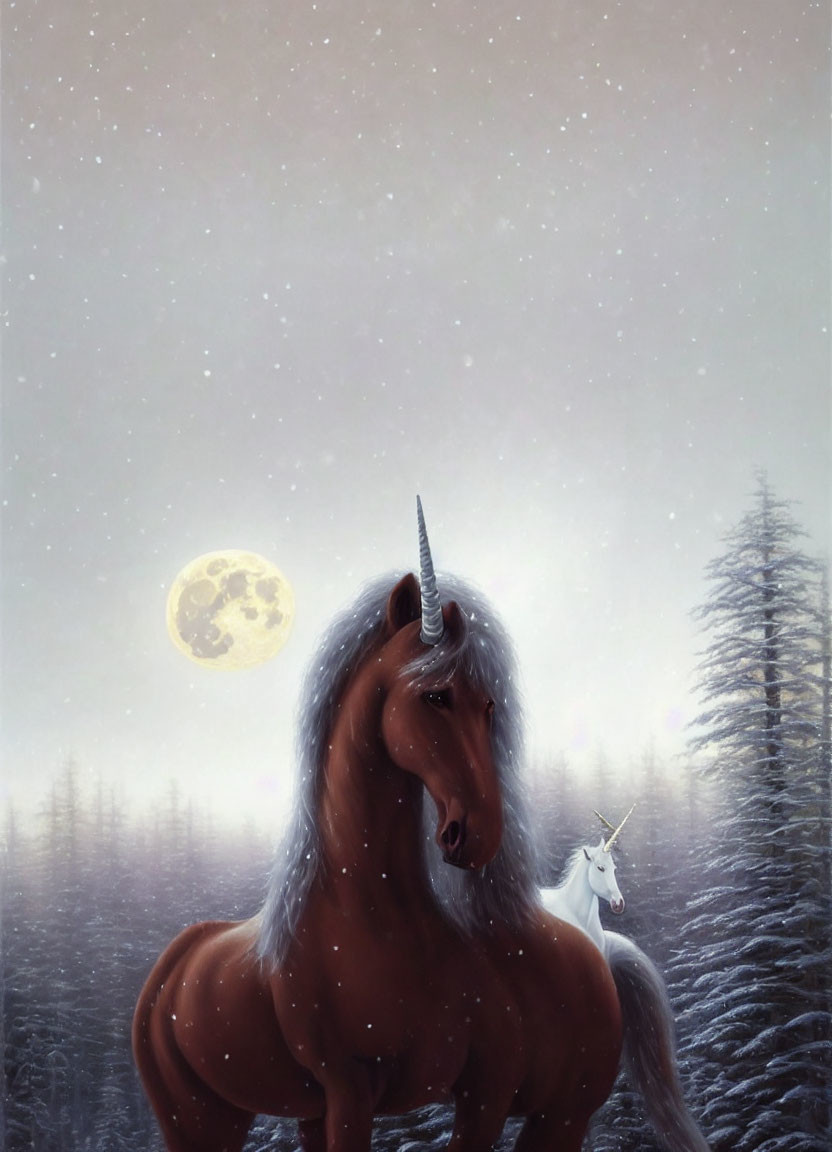 Majestic brown and white unicorns in snowy forest with full moon