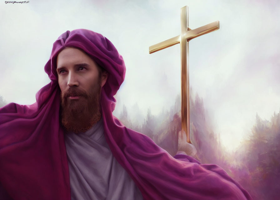 Bearded individual in purple robe with golden cross in misty forested hills