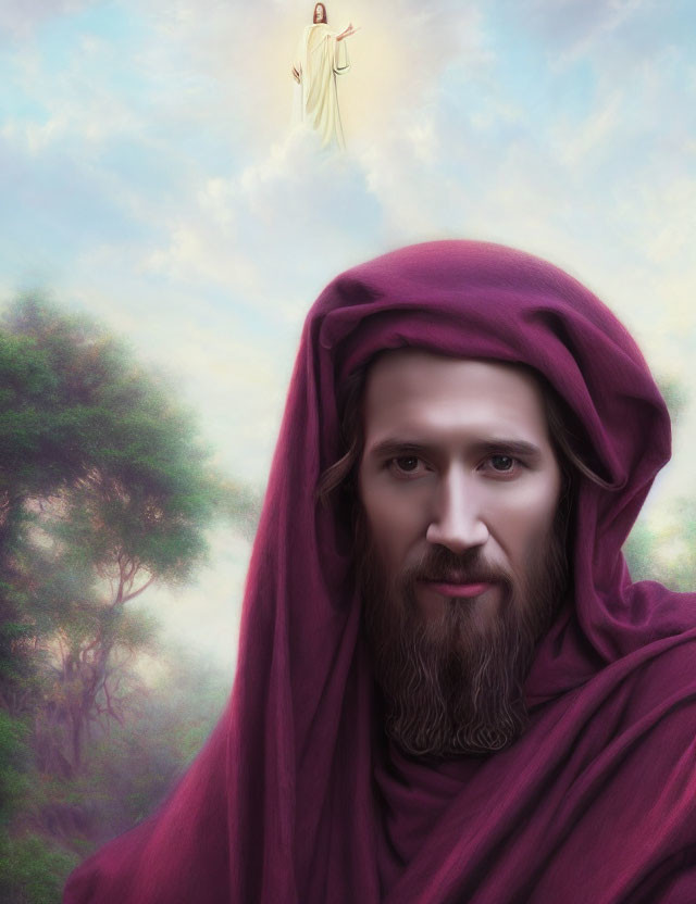 Bearded robed figure gazes under ethereal sky with second figure in serene landscape