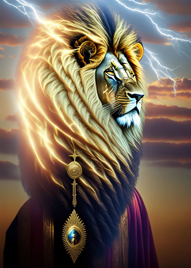 Majestic lion's head merged with human body in dramatic sky scene