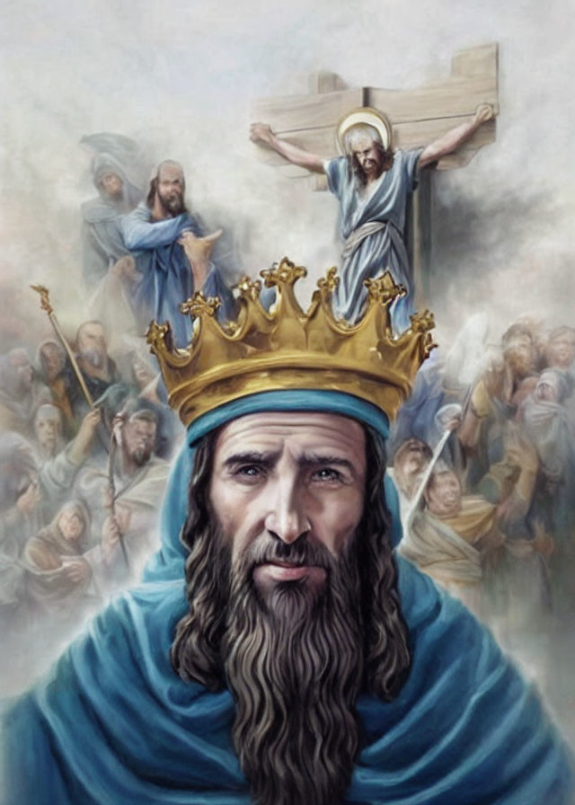 Portrait of a Bearded Man in Blue Robes with Golden Crown and Crucifixion Scene