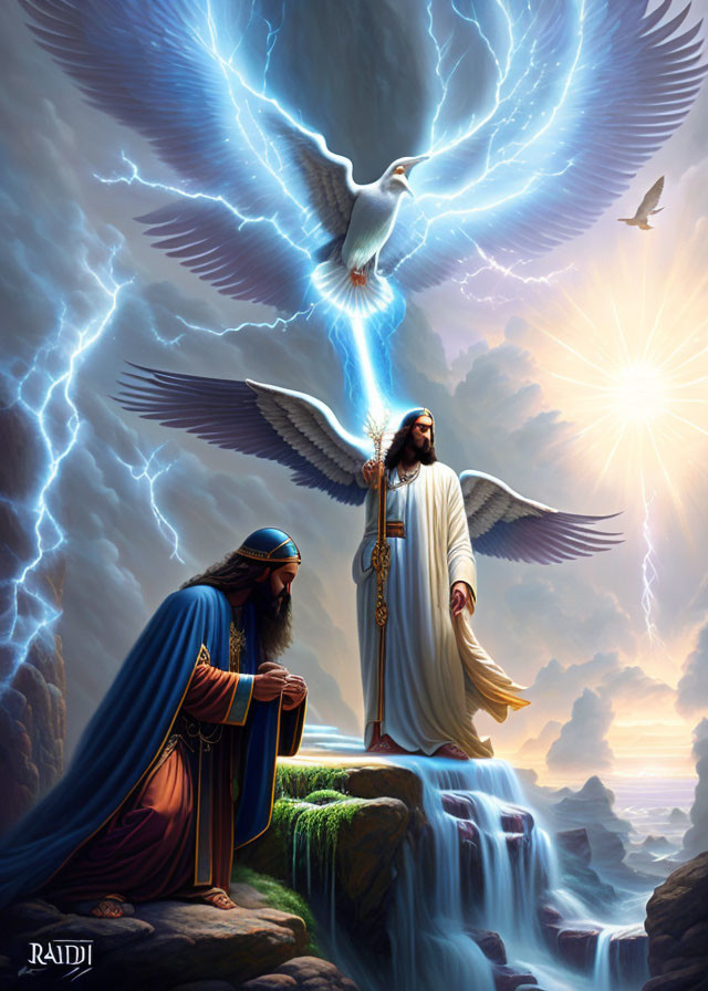 Illustration of two robed figures with radiant dove in dramatic setting