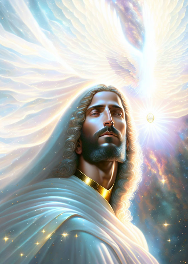 Illustrated man with long hair and beard under radiant dove in celestial background