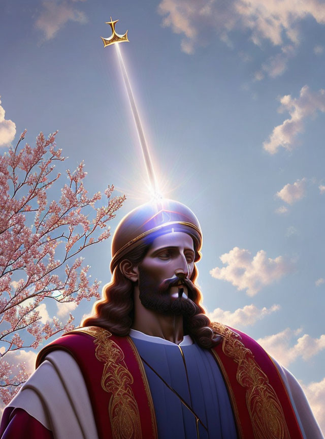 Bearded figure in royal attire under radiant star and pink blossom sky