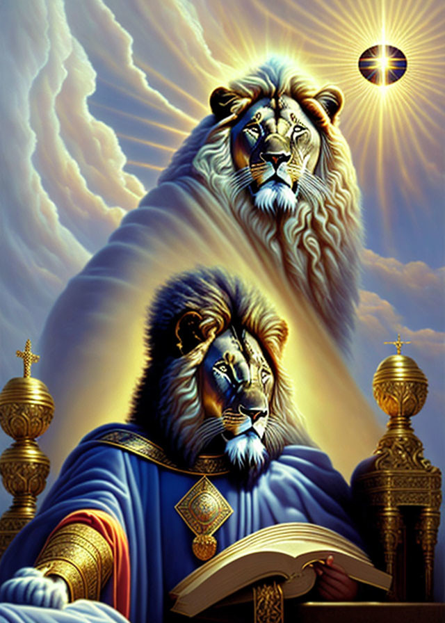 Majestic lion-headed figure with golden book in celestial setting