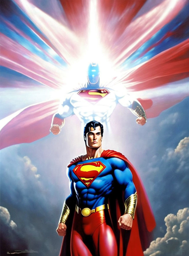 Superman illustration: cape, confident pose, clouds, bursting light.