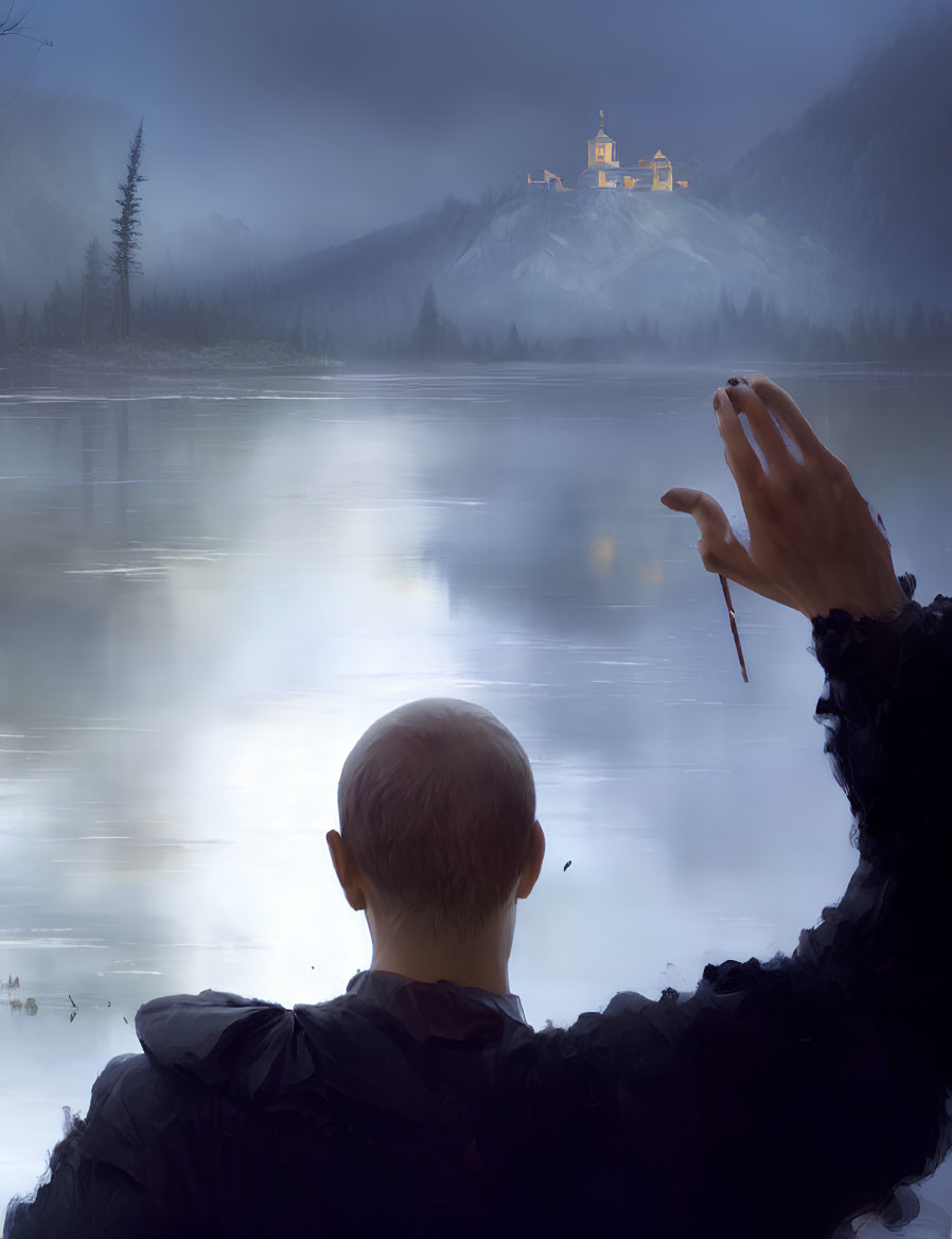 Bald person looking at castle on mountain reflected in misty lake