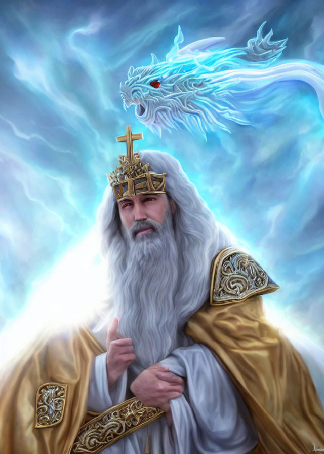 Regal figure with white beard, gold crown, and blue dragon illustration