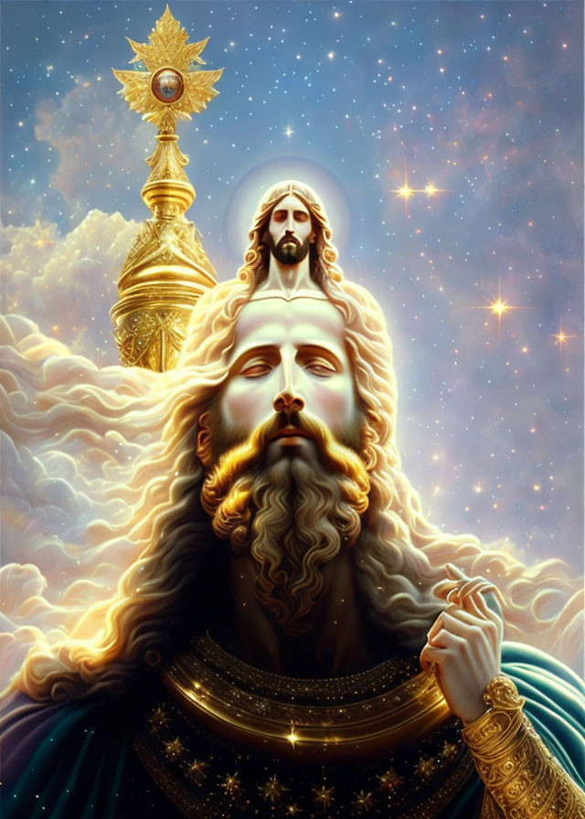 Majestic bearded figure with closed eyes, wearing crown with star symbol, surrounded by celestial imagery