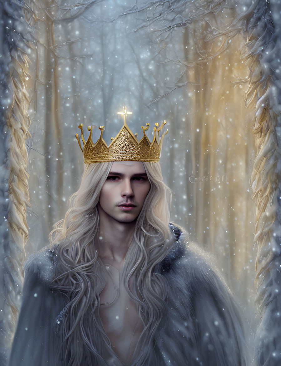 Regal figure with long white hair and golden crown in snowy forest