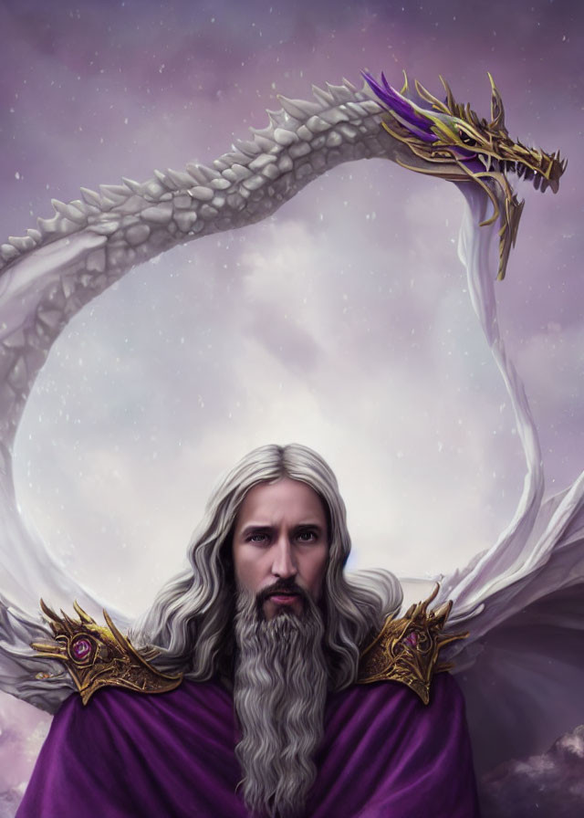 Bearded figure in purple cloak with dragon against starry sky