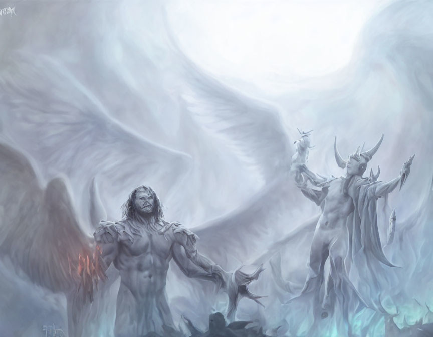 Muscular man surrounded by ethereal figures in mystical setting