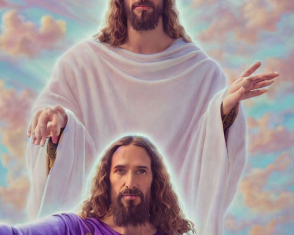 Two bearded figures in robes and crowns under cloudy sky