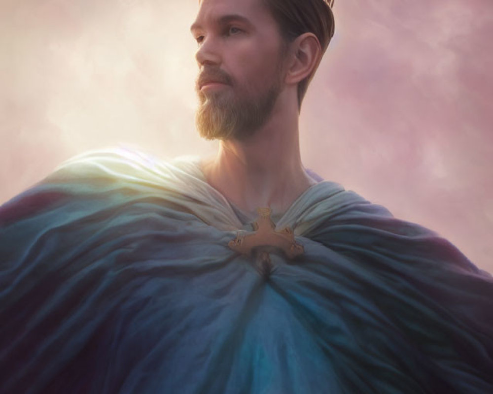 Bearded man in gold crown and blue cloak against pink sky