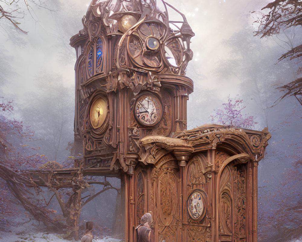 Detailed wooden clock tower in snowy forest with observers