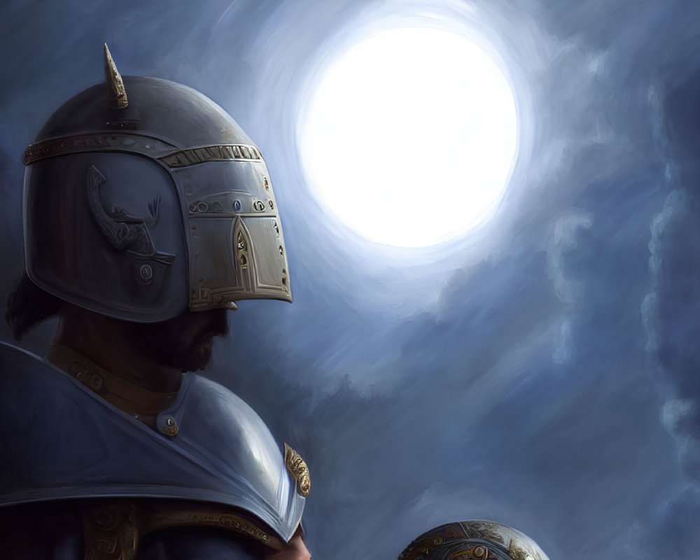 Medieval knight in armor looking at bright light in cloudy sky