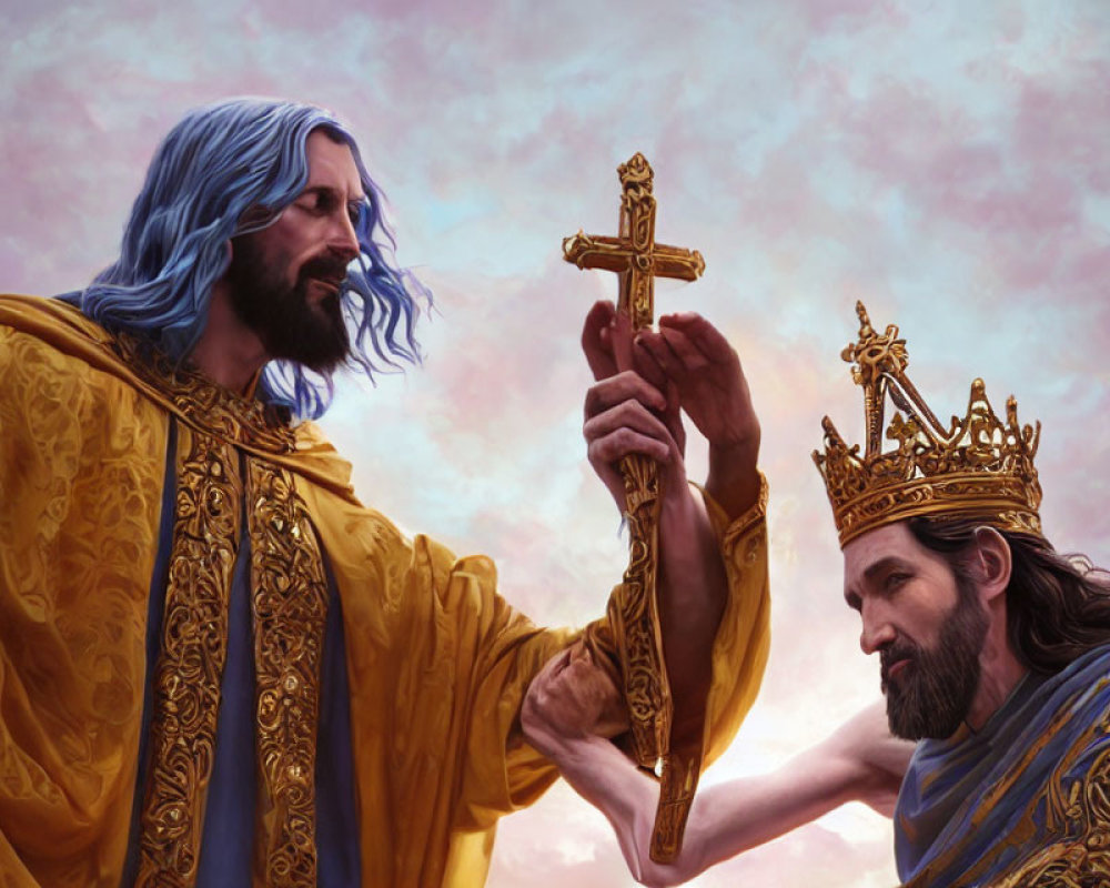 Digital painting of two regal figures in a moment of blessing or coronation